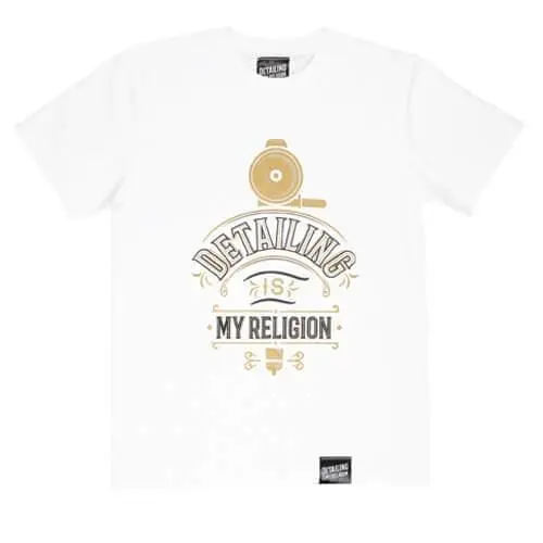 T-Shirt bianca con grafica oro lucidatrice Detailing My Religion