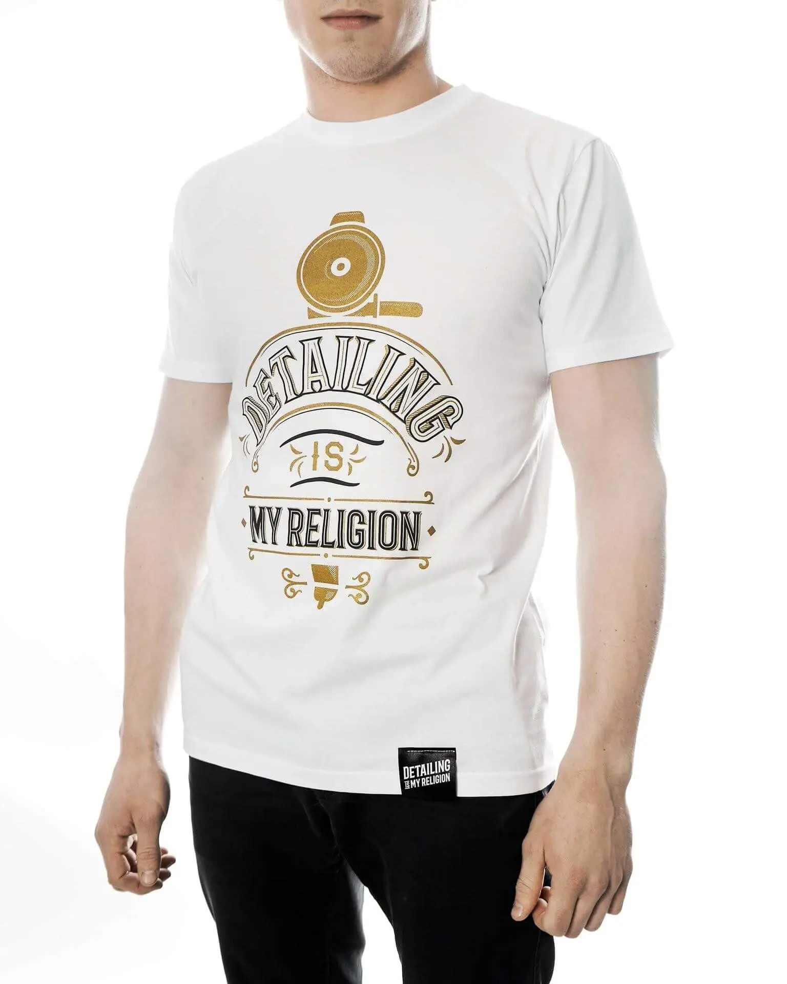 T-Shirt bianca con grafica oro lucidatrice Detailing My Religion - Image 2